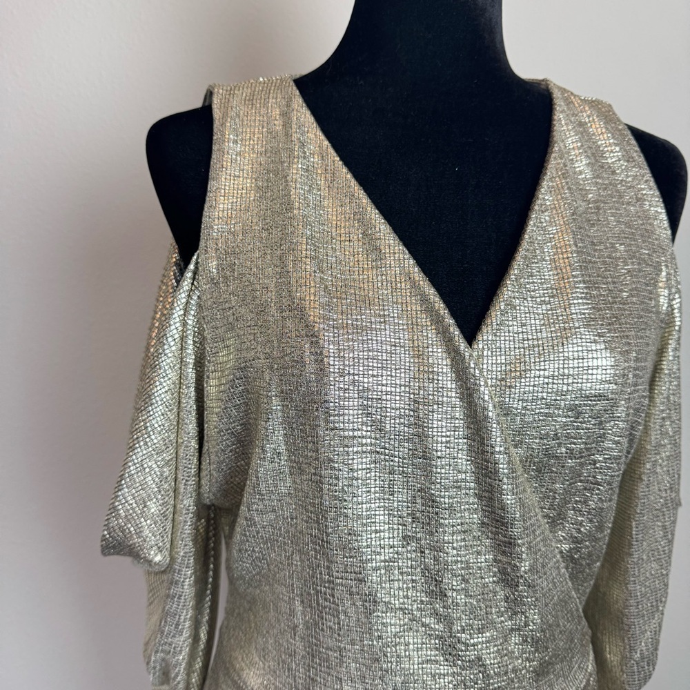 NWT RACHEL Rachel Roy Gold Metallic Off The Shoulder Draped Sleeve Midi Dress L - Picture 5 of 15